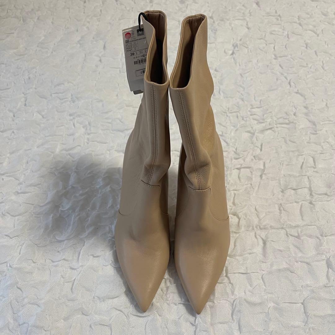ZARA ザラ 本革 リアルレザー スティレットヒール ブーツ 39 ベージュ