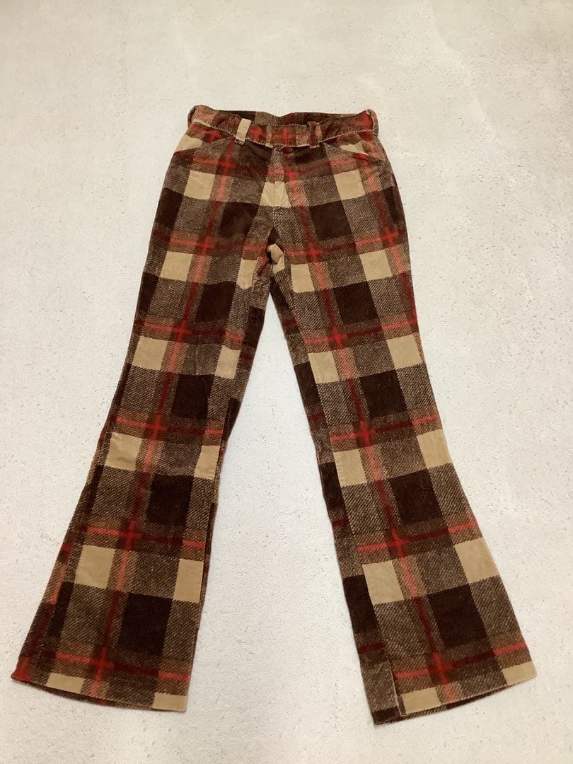 レトロ　コーデュロイ　チェック柄　フレアパンツ　古着　70s 80s