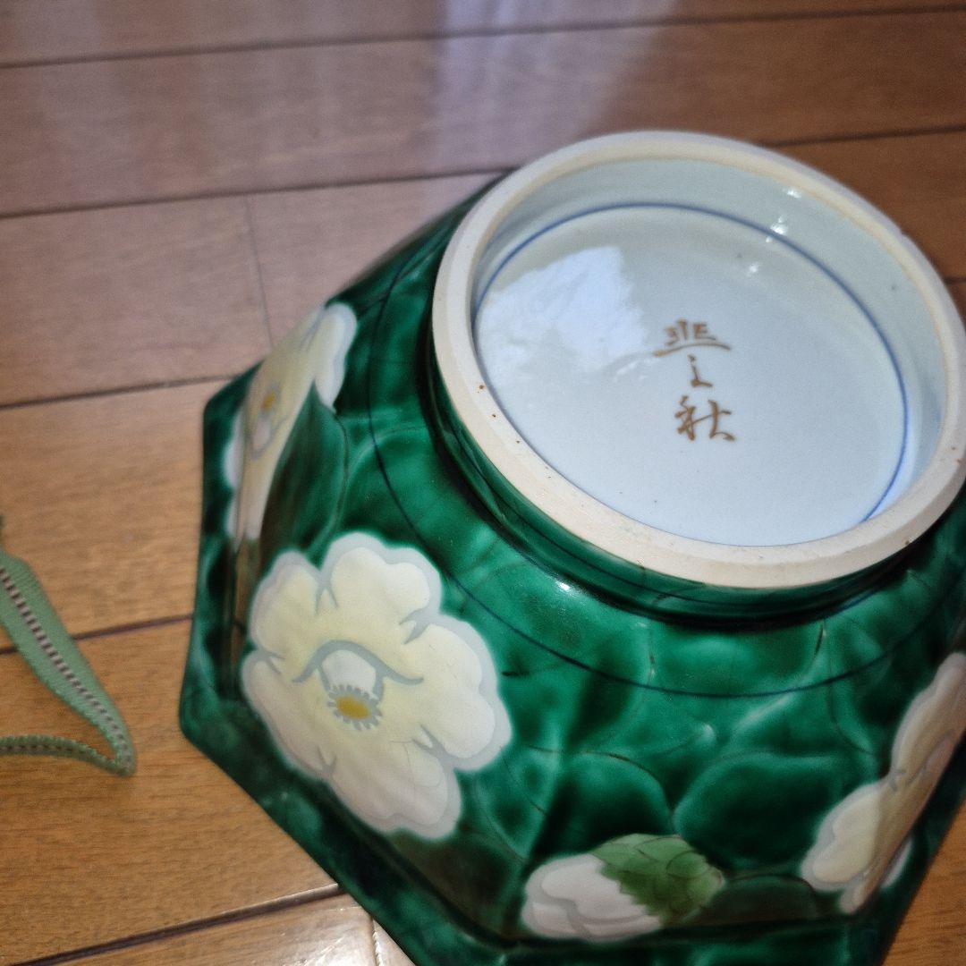 椿文 八角形花柄陶器皿 木箱付き