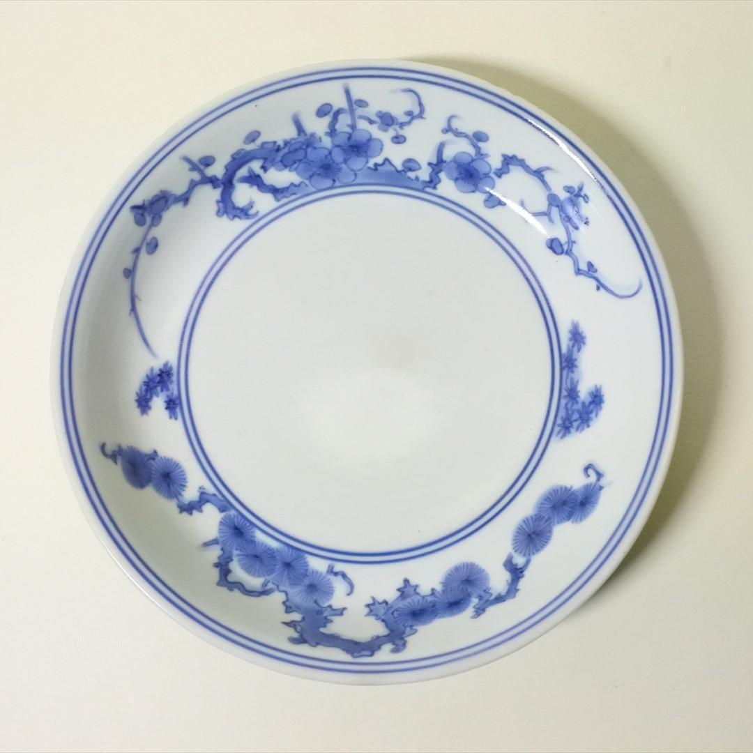 江戸中期　柿右衛門　染付　松竹梅図　皿　アンティーク　骨董品
