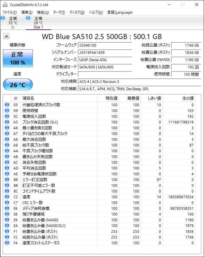 【値下げ】WD Blue SA510 500GB SATA SSD 100%