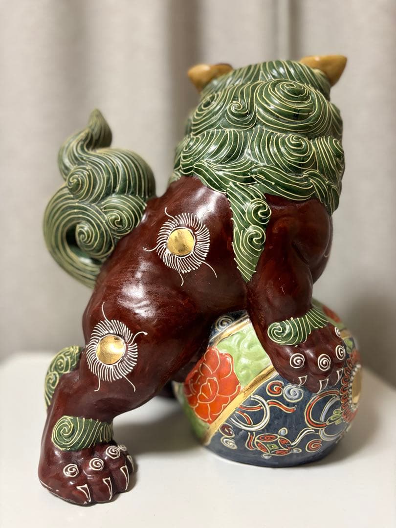 約32cm 大き目　ヴィンテージ 九谷焼 玉乗り獅子 狛犬 唐獅子　骨董品　訳有