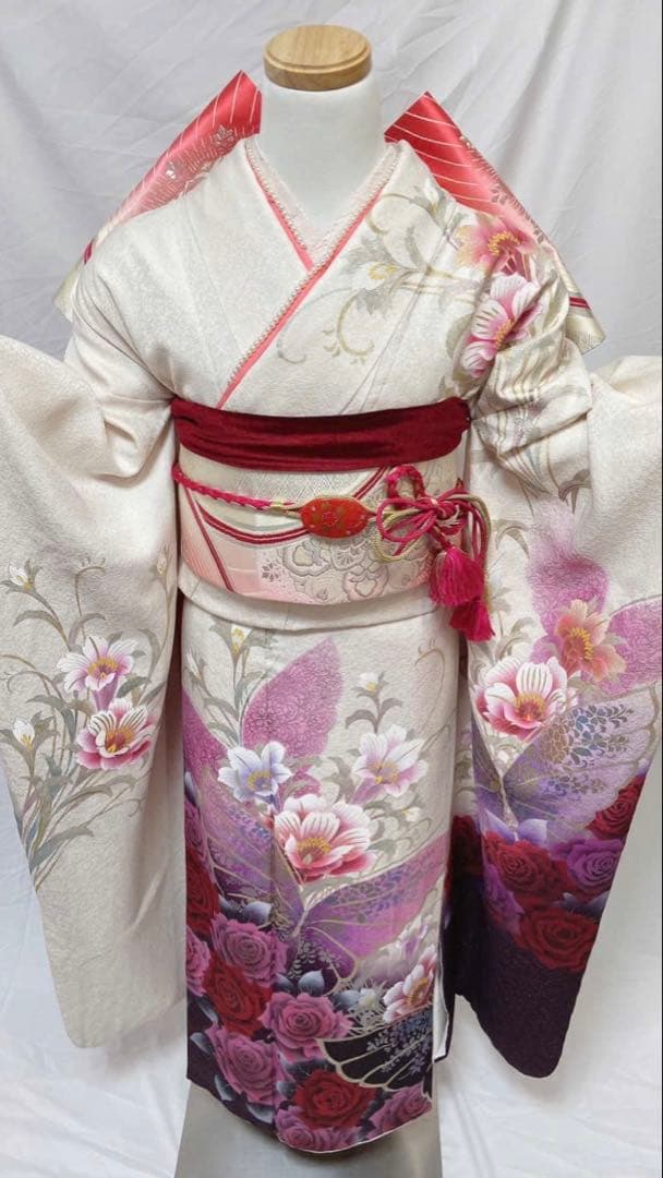 振袖 白紫 花柄 蝶 振袖5点セット　振袖フルセット　成人式