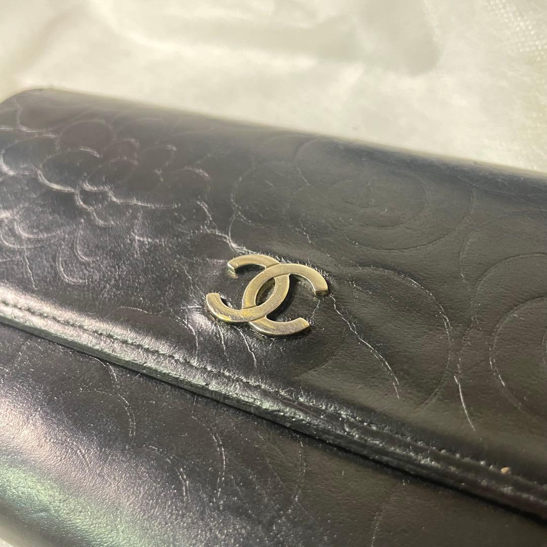 CHANEL カメリア レザー 二つ折り 長財布 シール有