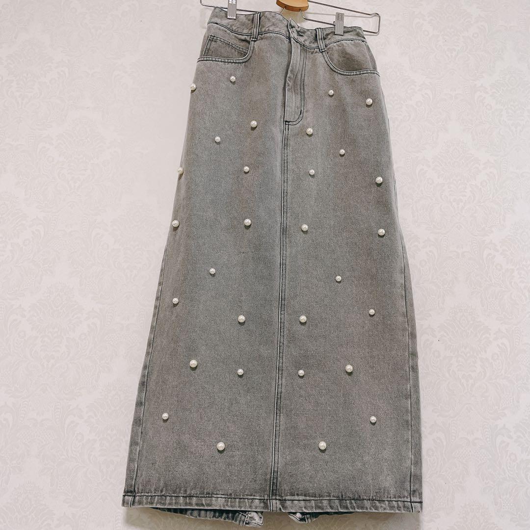 新品タグ付き ラブティックボンボン パール付きデニムタイトマキシスカート