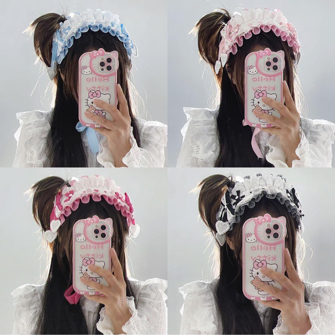 ♡ Candy チェック柄 フリルレースリボンヘッドドレス pink ♡