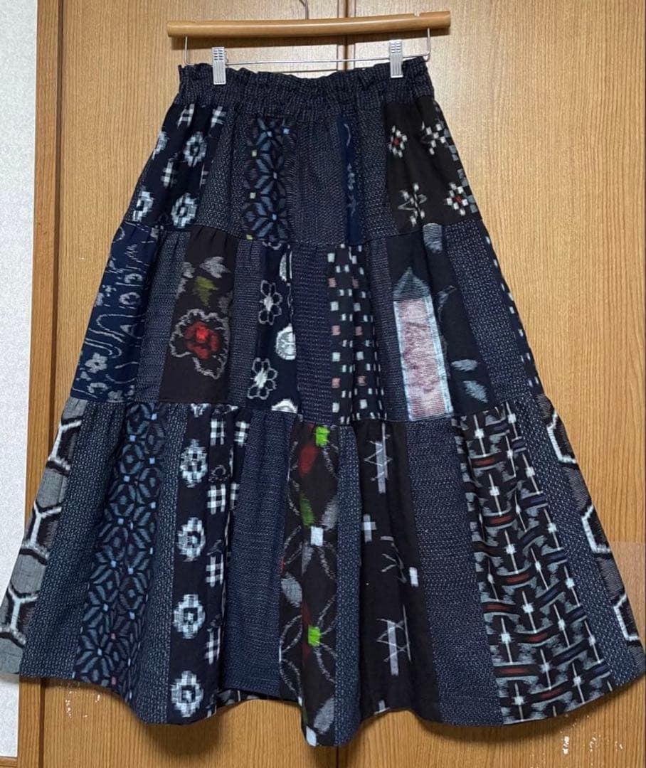 着物リメイク　絣など木綿のパッチワークティアードスカート