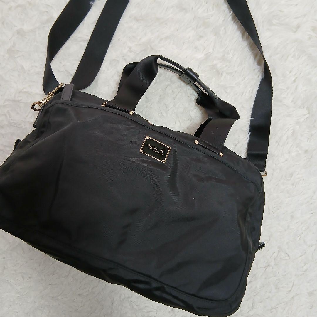 【agnes b.】２WAY　ナイロン×レザー　ミニボストンバッグ　黒×金