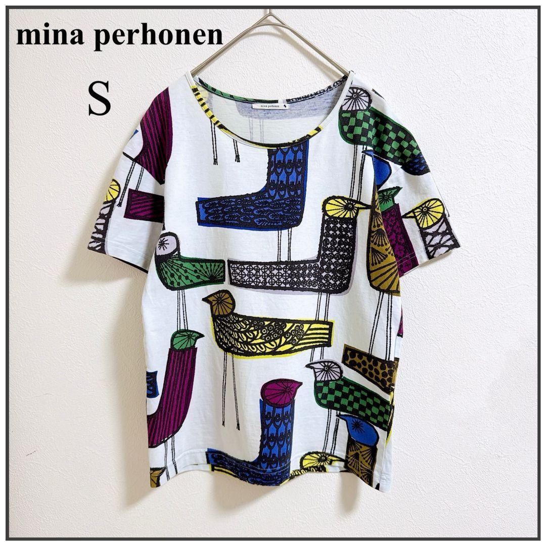 ミナペルホネン♡mingling 半袖Tシャツ 鳥 個性的 総柄 コットン S