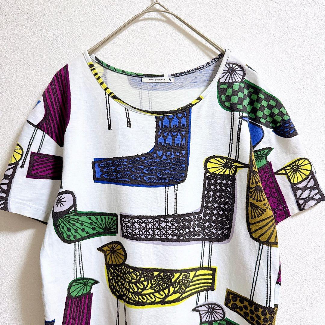 ミナペルホネン♡mingling 半袖Tシャツ 鳥 個性的 総柄 コットン S