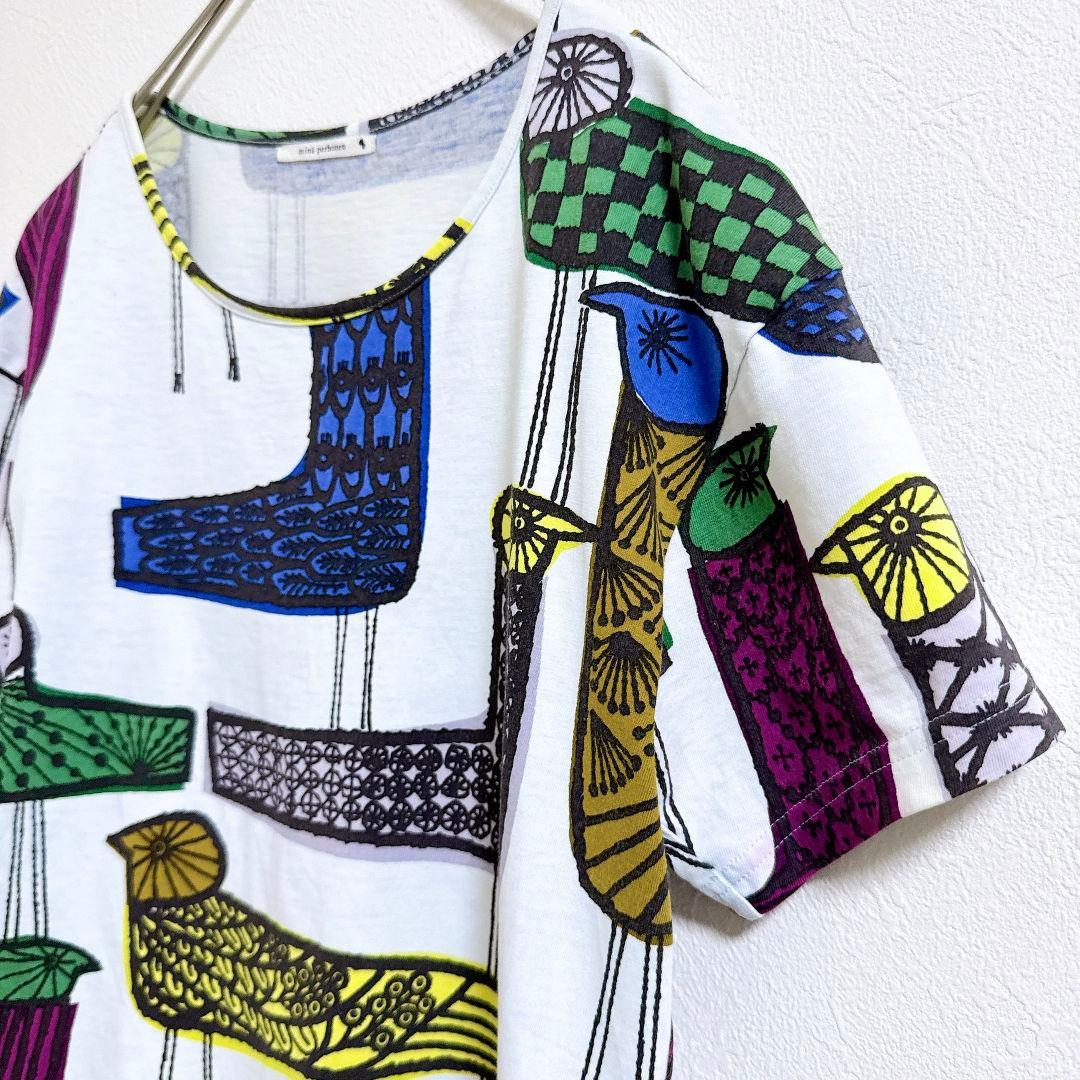 ミナペルホネン♡mingling 半袖Tシャツ 鳥 個性的 総柄 コットン S