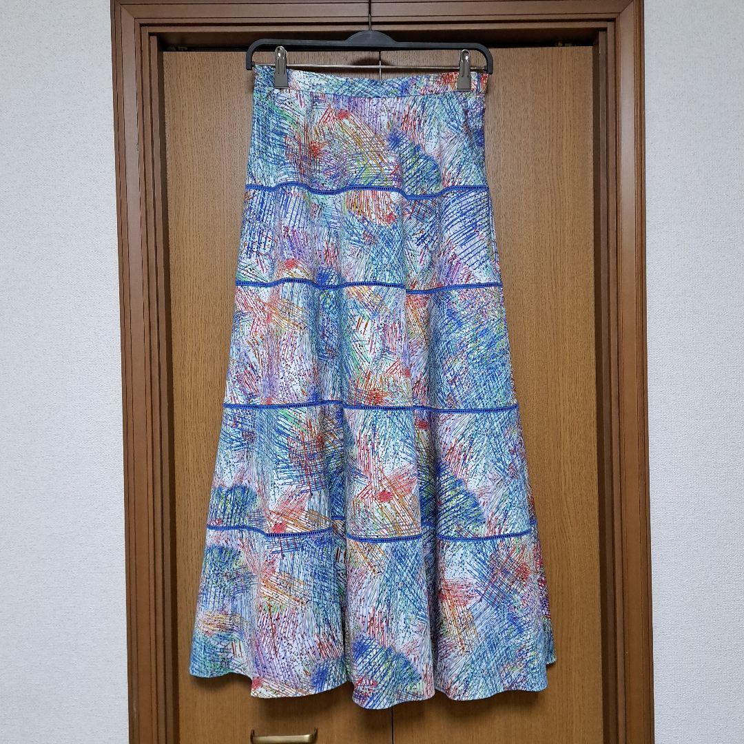 極美品 ドゥロワーDrawerフレアロングスカート 38 ブルー マルチカラー