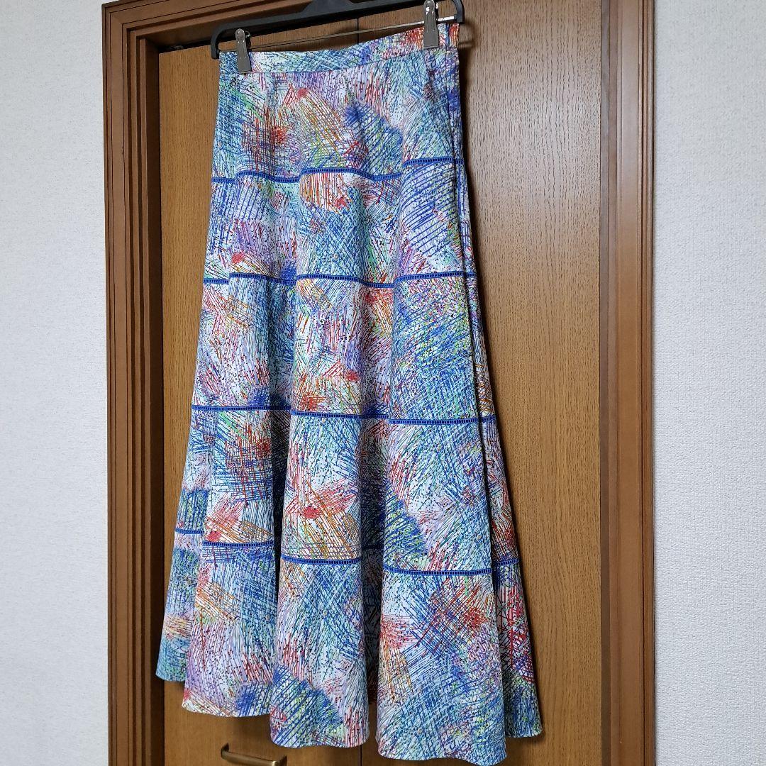 極美品 ドゥロワーDrawerフレアロングスカート 38 ブルー マルチカラー