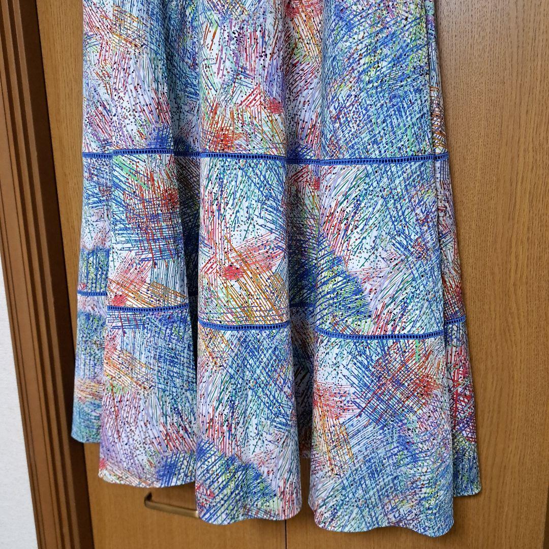 極美品 ドゥロワーDrawerフレアロングスカート 38 ブルー マルチカラー