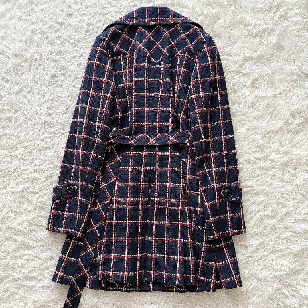 【バーバリーブルーレーベル】ロングコート　ベルト　紺　38　M フリル　チェック