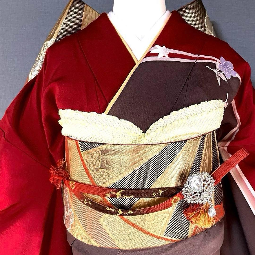 振袖フルセット　高身長　手描き友禅　成人式振袖　振袖　裄丈71 ➕サイズ　赤系