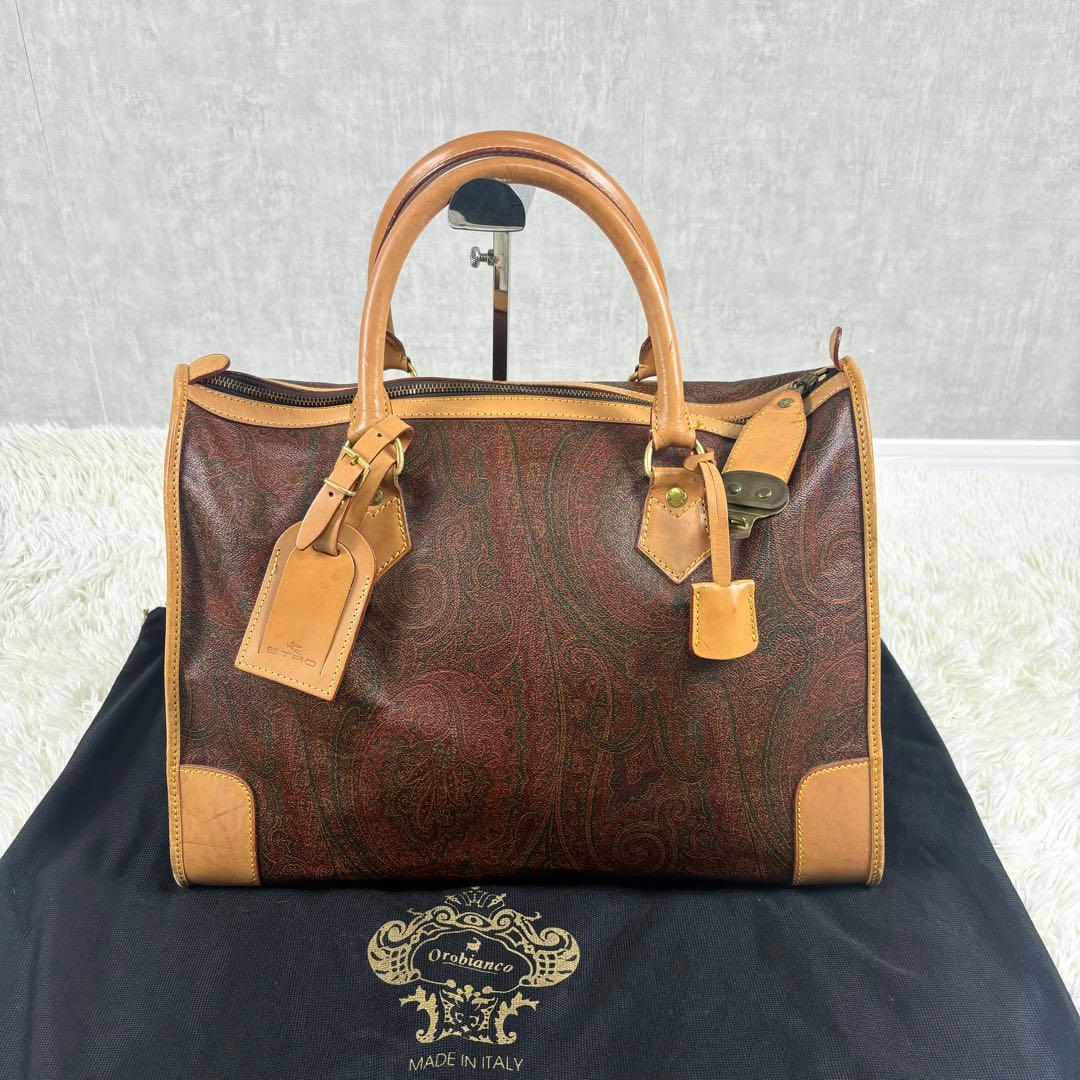 Etro エトロ　ボストンバッグ　千鳥柄　南京錠　ゴールド金具