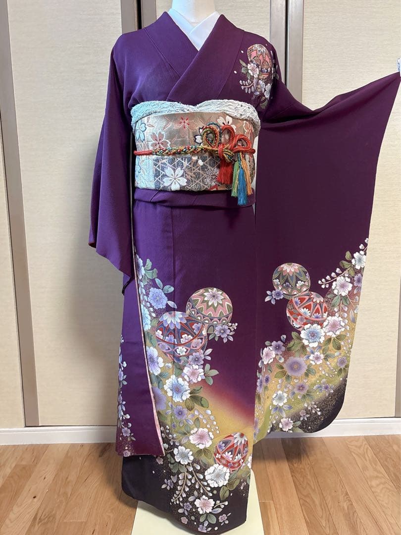 正絹　振袖　裄67 S M 辻ヶ花　紫　手毬　菊