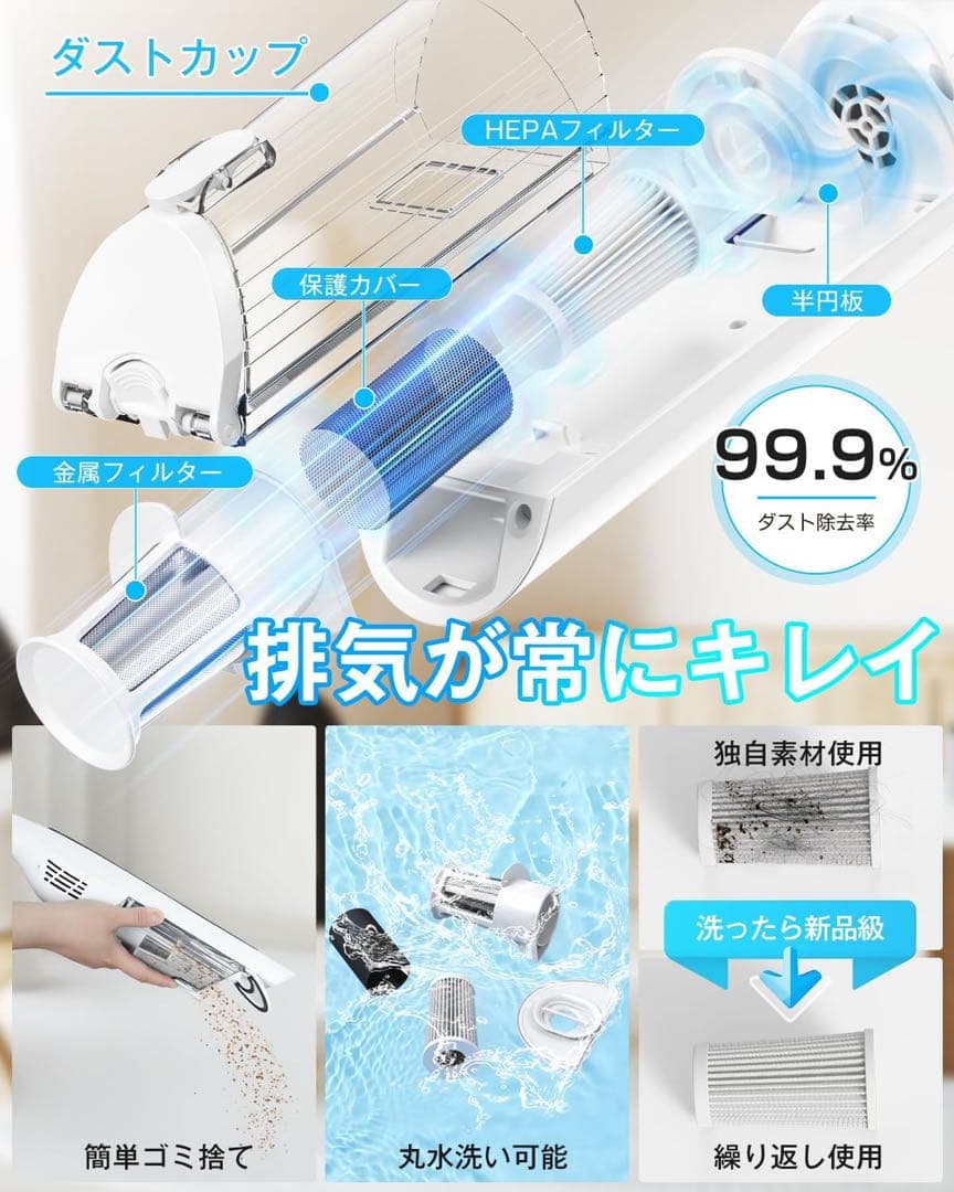 掃除機 コードレス 70KPa 超強力吸引 超軽量 サイクロン 50分連続