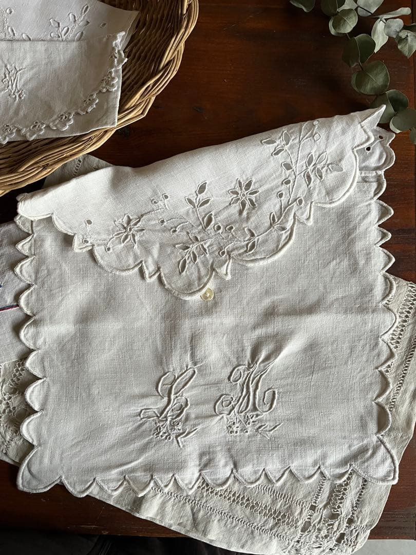 ◆フランスアンティーク｜大きな布ポーチAイニシャル刺繍リネン麻手作り花ボタニカル
