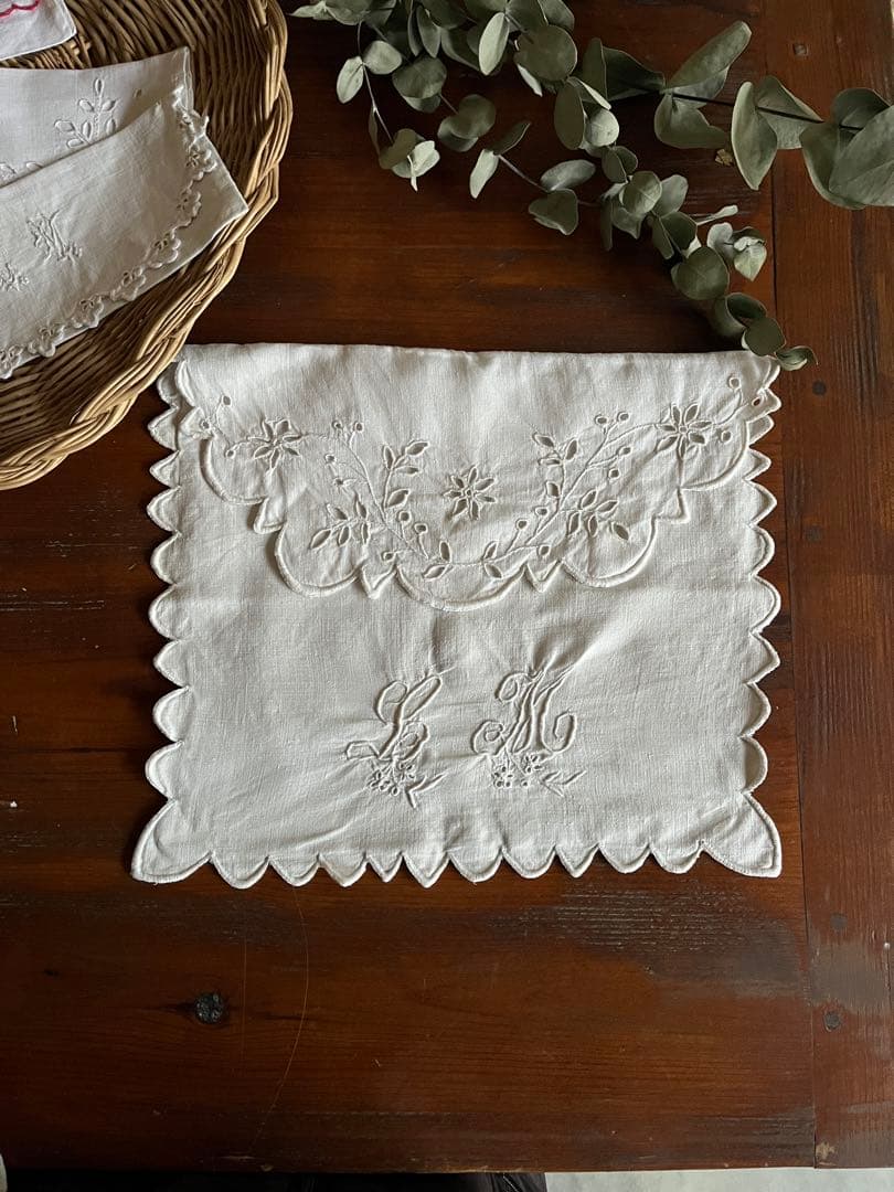 ◆フランスアンティーク｜大きな布ポーチAイニシャル刺繍リネン麻手作り花ボタニカル
