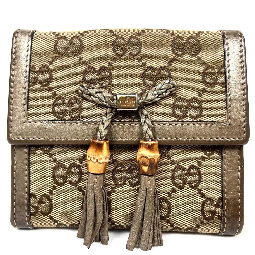 グッチ　折り財布　GGキャンバス　リボン　ロゴ総柄　バンブータッセル　レザー