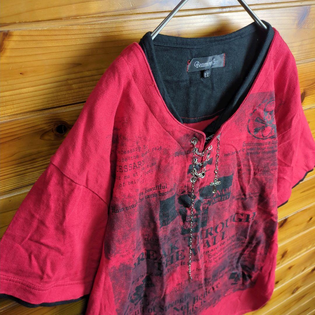 半袖Tシャツ　フェイクレイヤード　重ね着風　ロック　骸骨　ドクロ　十字架　XL