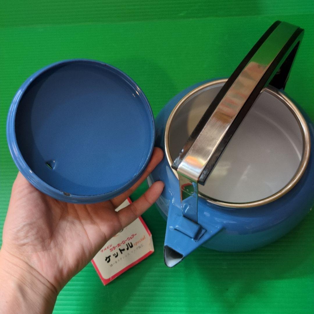 レトロ　ホーローケトル　ブルー　未使用　Vintage