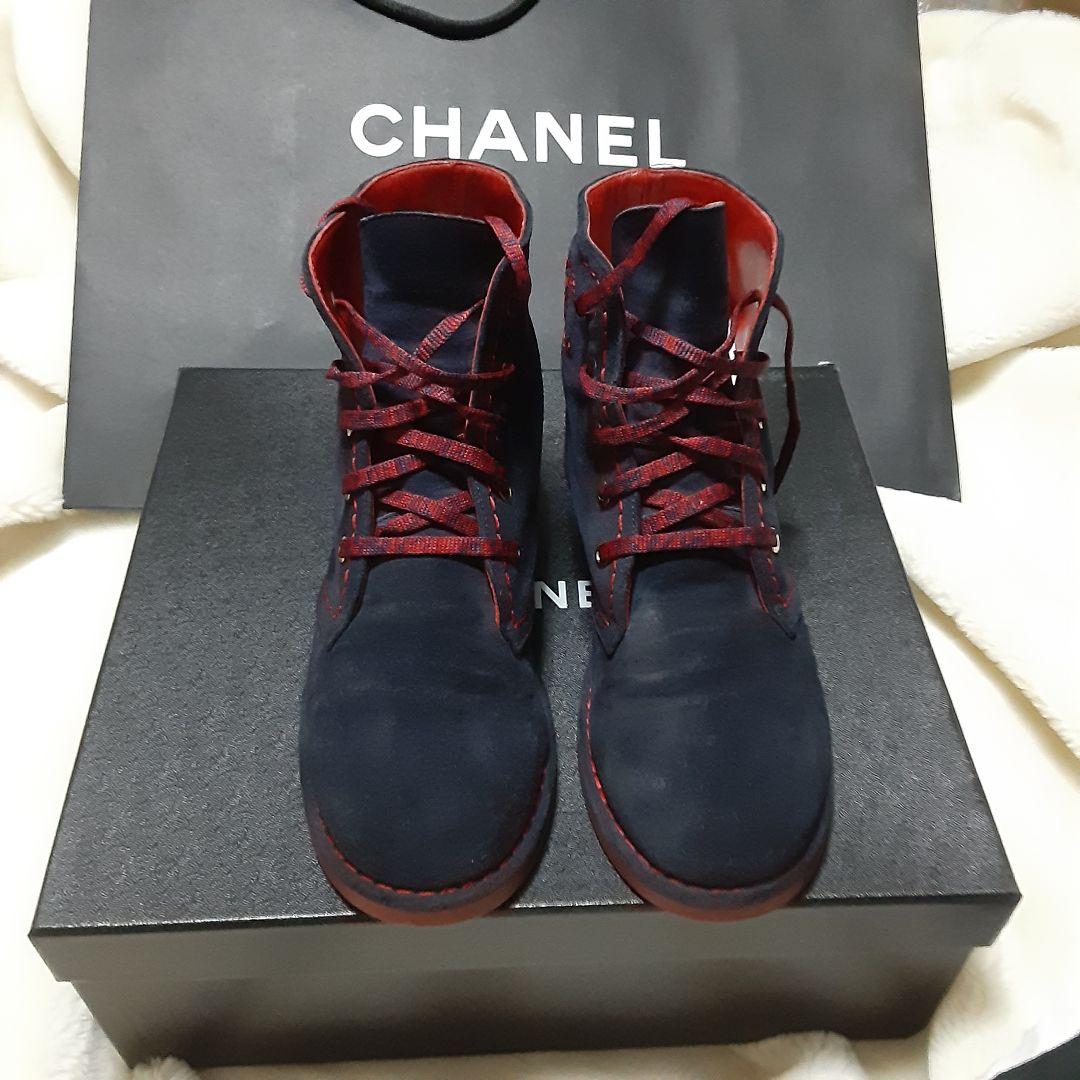 正規品.CHANE購入ブーツ.両サイド COCOマーク.ブルー レッドパイヒング