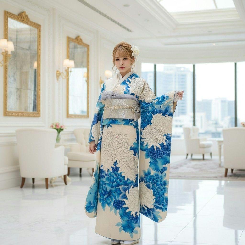 振袖フルセット(9点)成人式・高級手描き・豪華銀駒刺繍・くすみカラー・大輪花模様