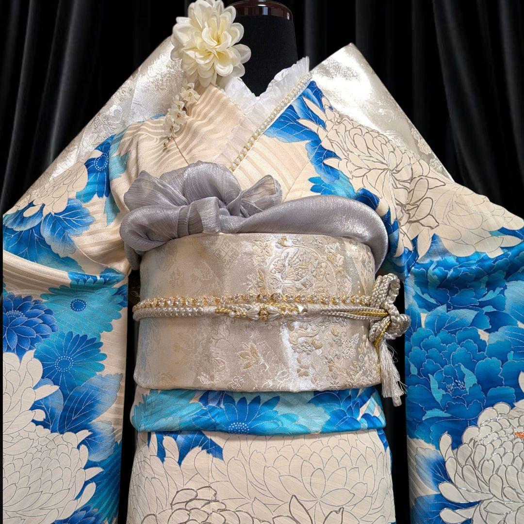振袖フルセット(9点)成人式・高級手描き・豪華銀駒刺繍・くすみカラー・大輪花模様