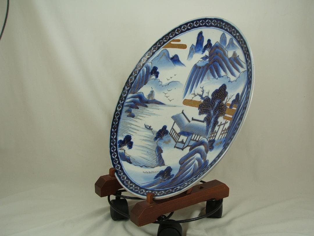 古伊万里・山水風景図・直径402mm・１枚・明治期の古い染付大皿・USED品