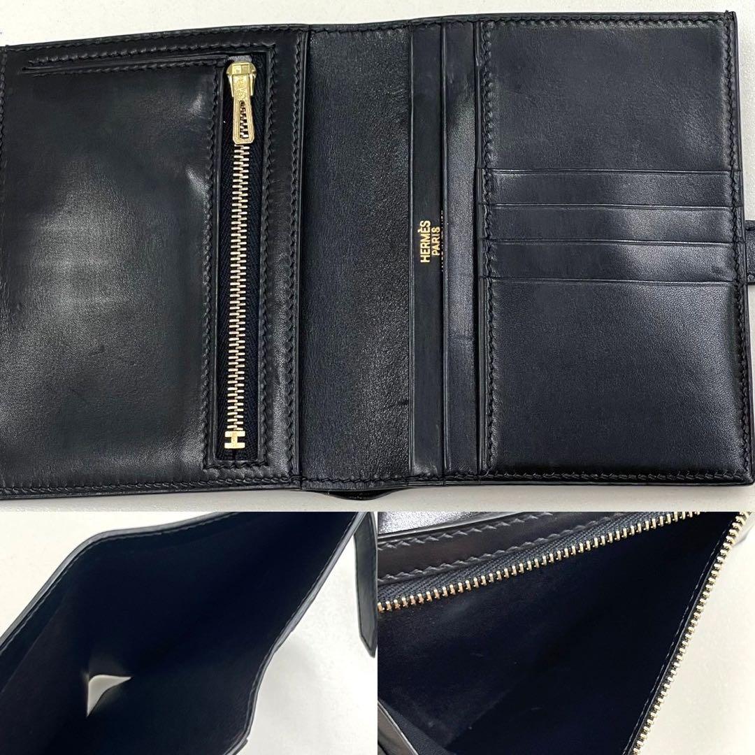 エルメス　ベアンコンパクト　ボックスカーフ　黒　折り財布　□H刻印