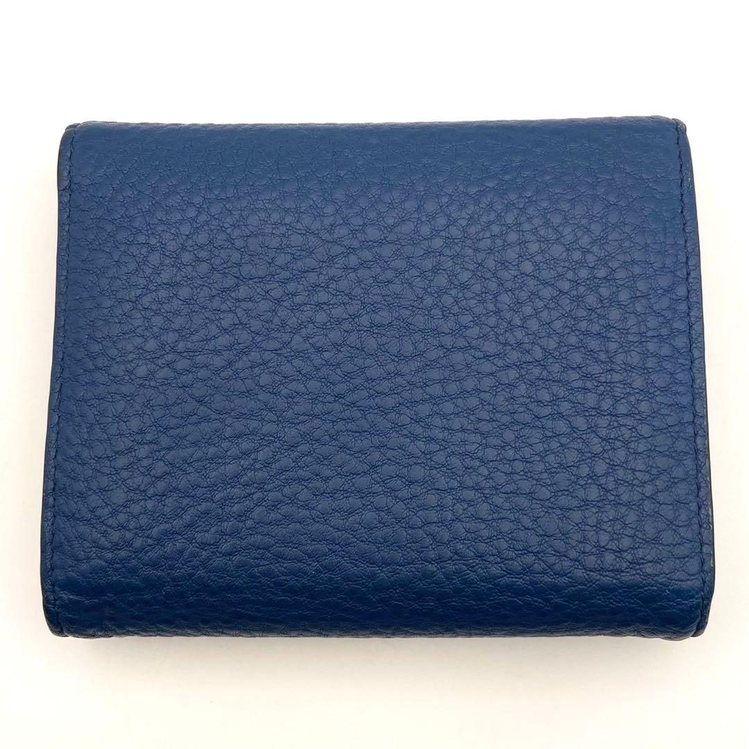 極美品● ミュウミュウ 折り財布 三つ折り ロゴ 金具 ブルー レザー