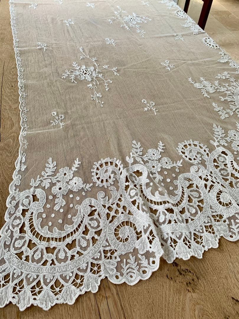 フランスアンティークコーネリー刺繍チュールレースカーテン※スカラップ刺繍