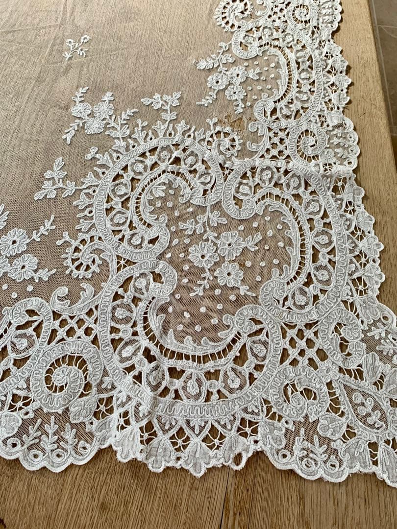 フランスアンティークコーネリー刺繍チュールレースカーテン※スカラップ刺繍