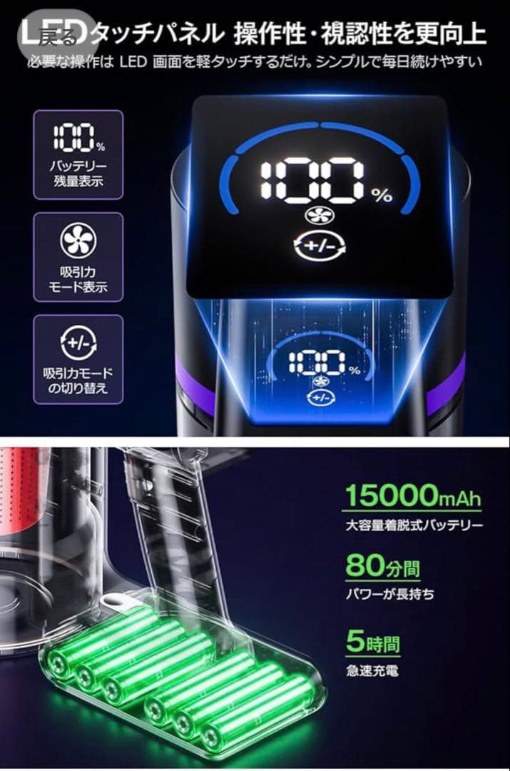 新品　コードレス掃除機 65kPa強力吸引&曲がるスティック&８０分連続稼働