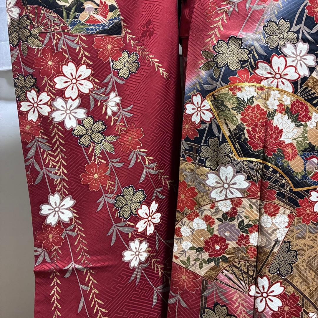 【振袖・長襦袢セット】豪華古典振袖 赤地 金彩金駒刺繍 扇面四季花紋