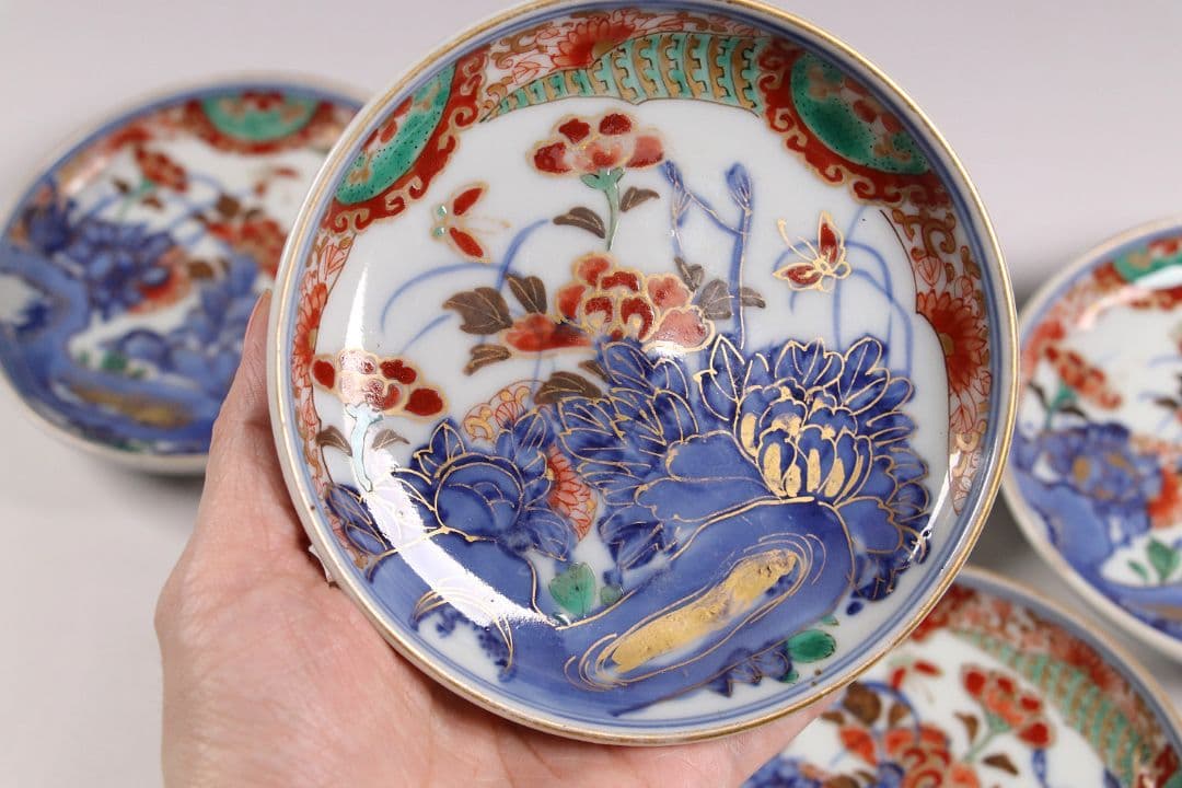古伊万里 色絵小皿 五客 12cm 草花蝶牡丹 錦手 染錦 金彩 手塩 M858