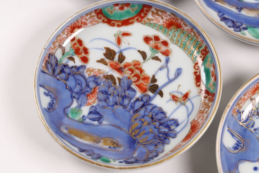 古伊万里 色絵小皿 五客 12cm 草花蝶牡丹 錦手 染錦 金彩 手塩 M858