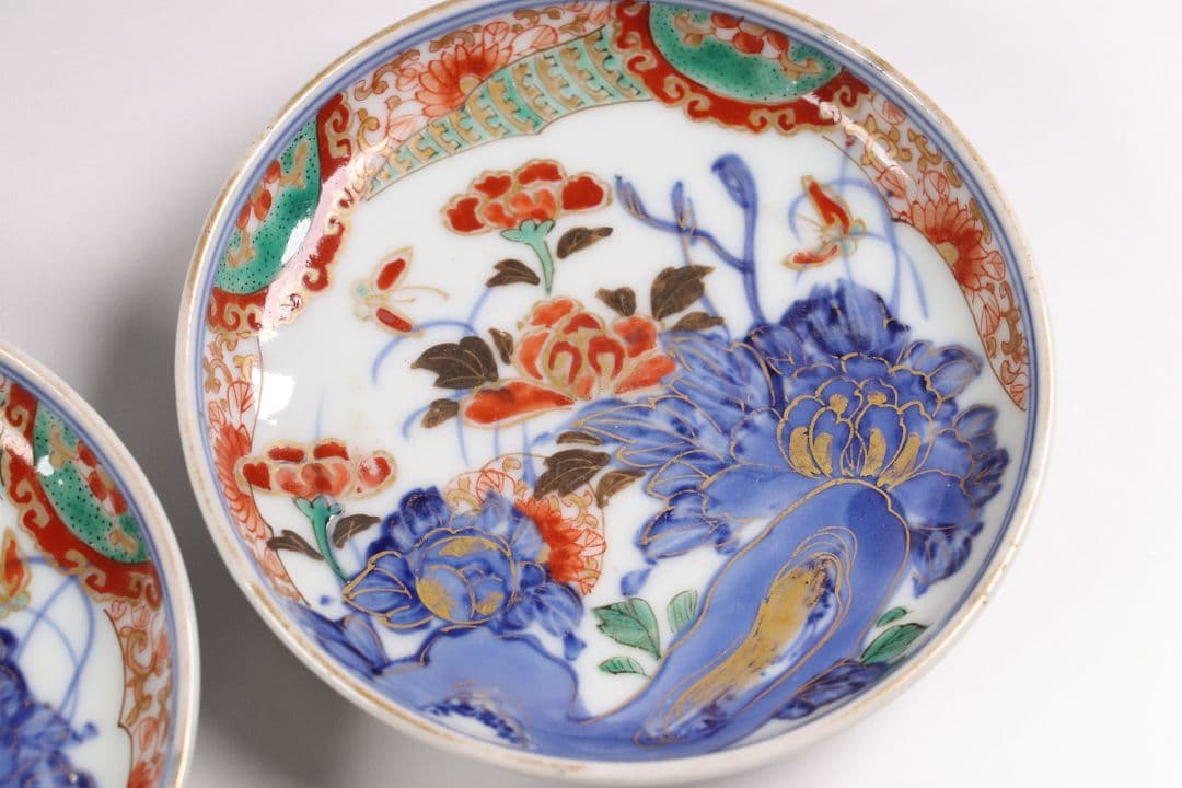 古伊万里 色絵小皿 五客 12cm 草花蝶牡丹 錦手 染錦 金彩 手塩 M858