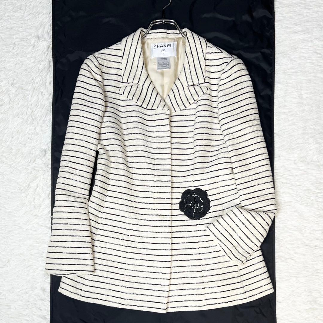 カメリア✨ CHANEL シャネル スパンコールボーダーツイードジャケット 40