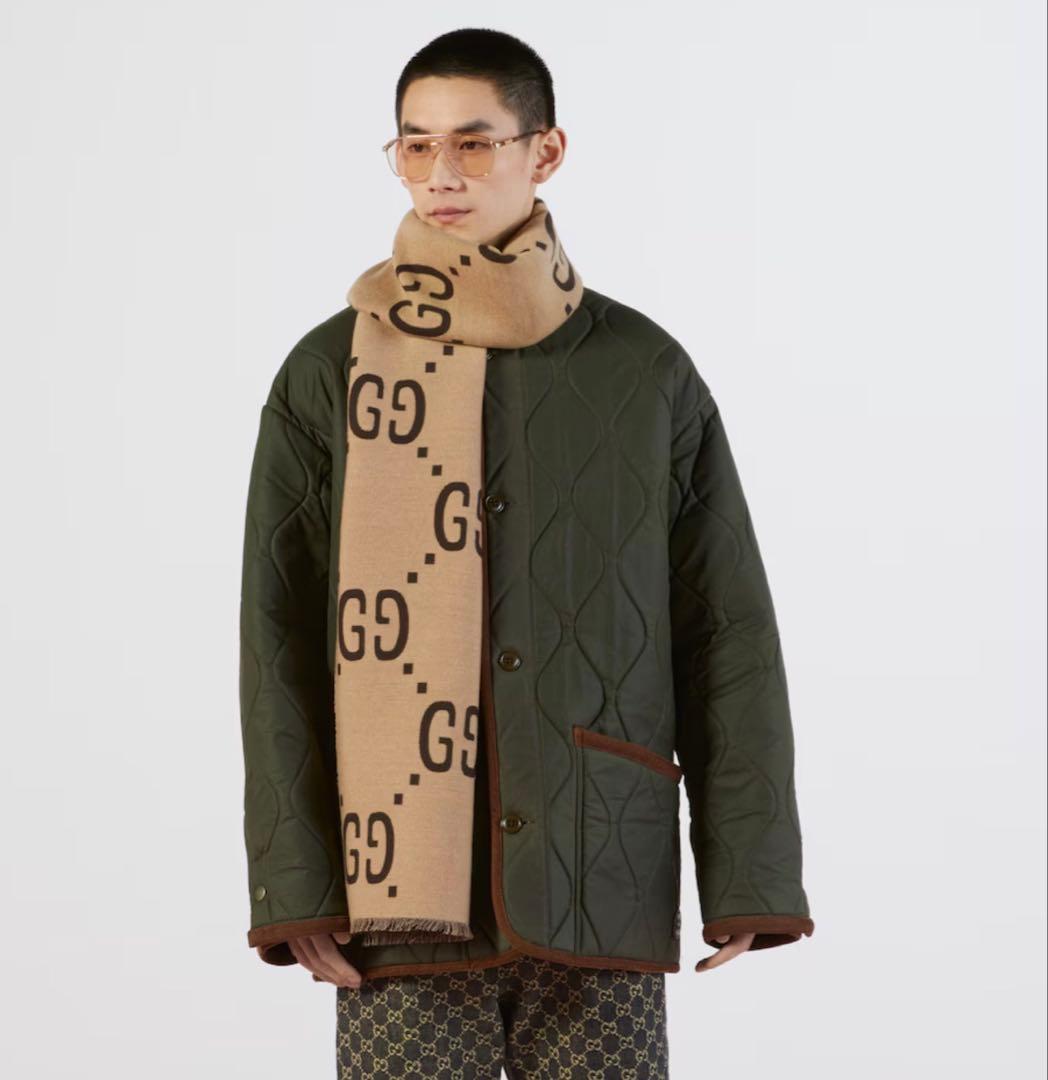 GUCCI マフラー ウール GG スカーフ ジャカード ベージュ