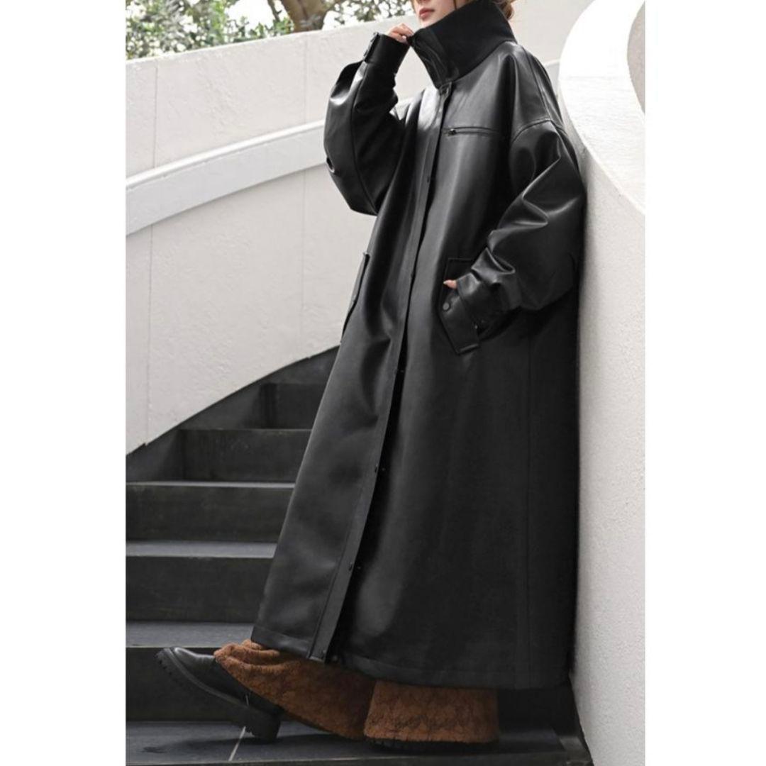 人気✨️ HUG.U ハグユー フェイクレザー ロングコート 黒 レザーコート