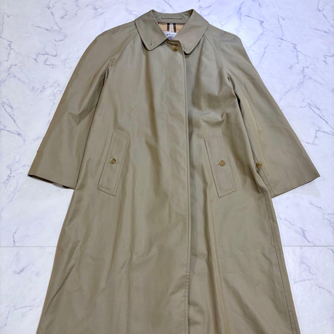 美品 バーバリー ステンカラーコート ノバチェック カーキ L相当 比翼 ロング