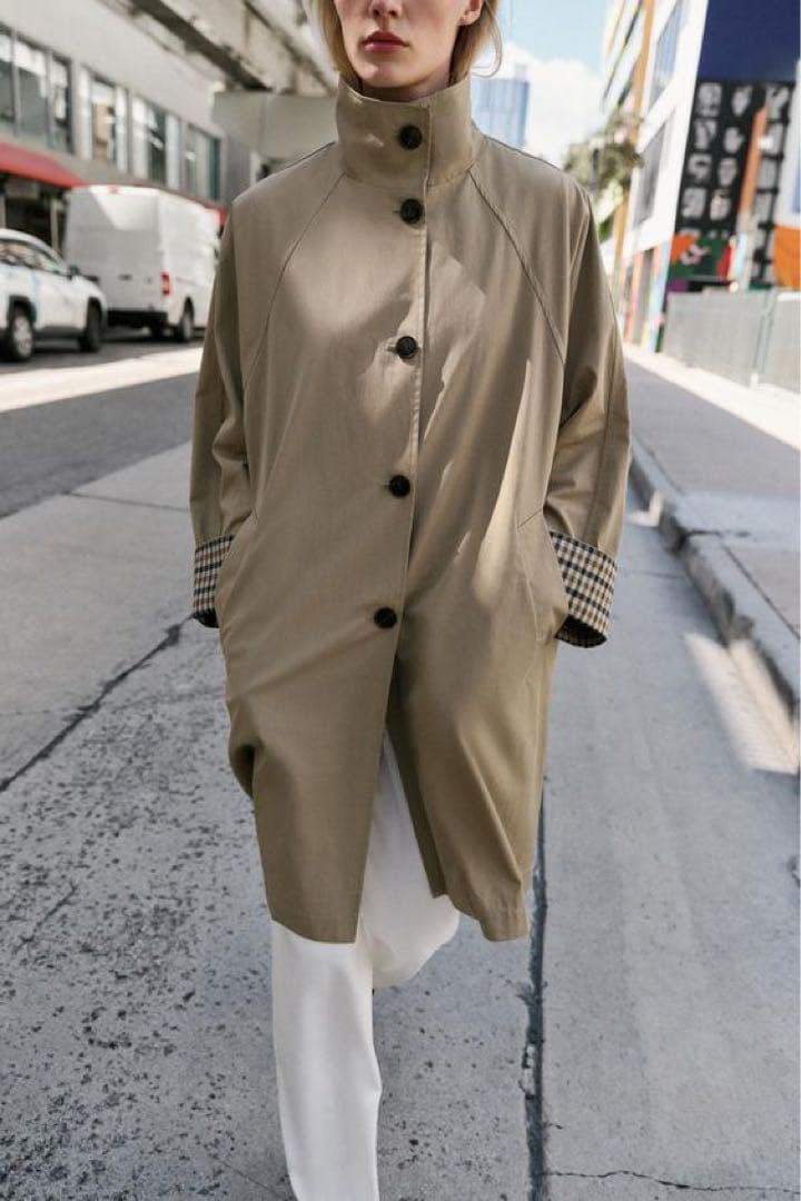 完売品 ZARA オーバーサイズチェック柄カフストレンチコート XS新品タグ付