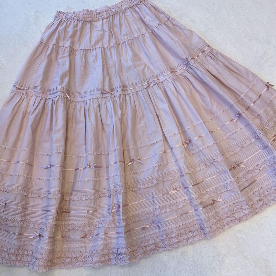 【極美品】ピンクハウスサテンリボンいっぱいローンミディスカート