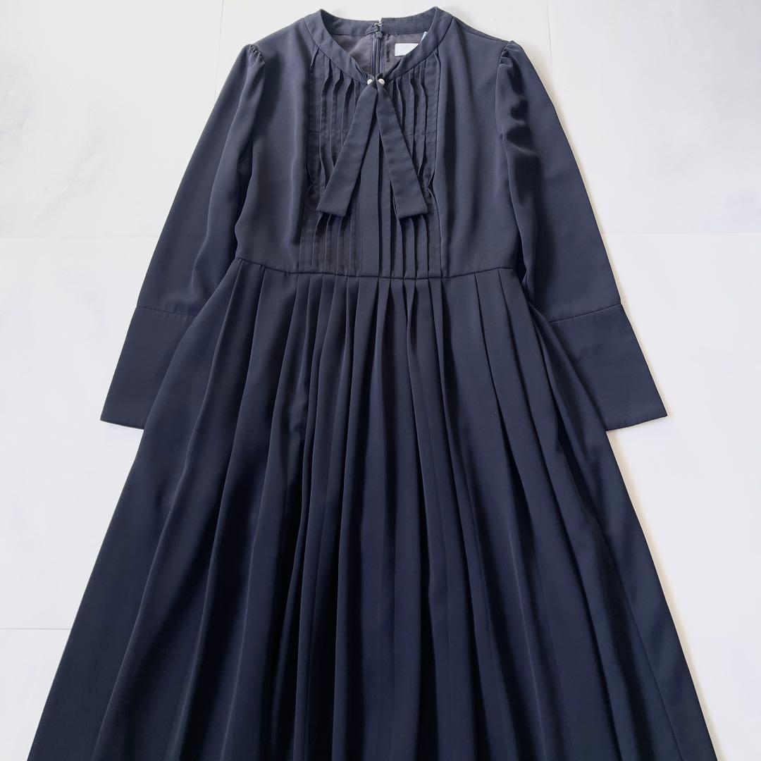 2025✨ CELFORD ボウタイプリーツワンピース パールピン38 ネイビー