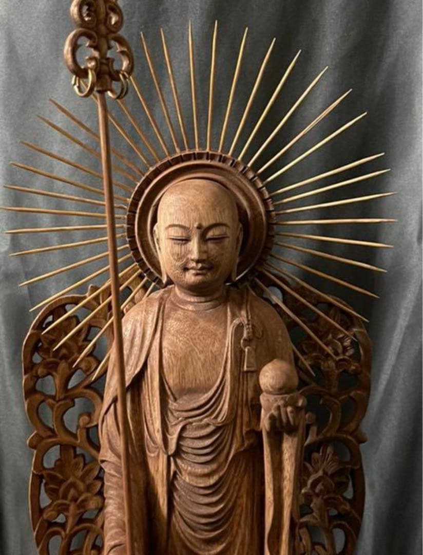 大型高46cm 井波彫刻　仏教工芸品　楠材製　極上彫　木彫仏像　地蔵菩薩立像