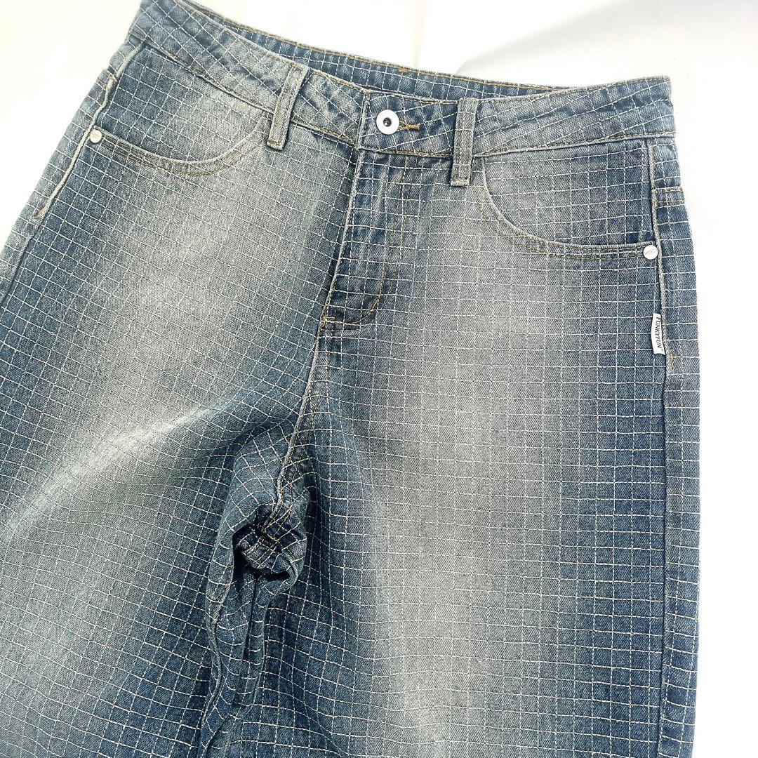 URBAN EDGE チェック ストレートワイドデニムパンツ ステッチ　L